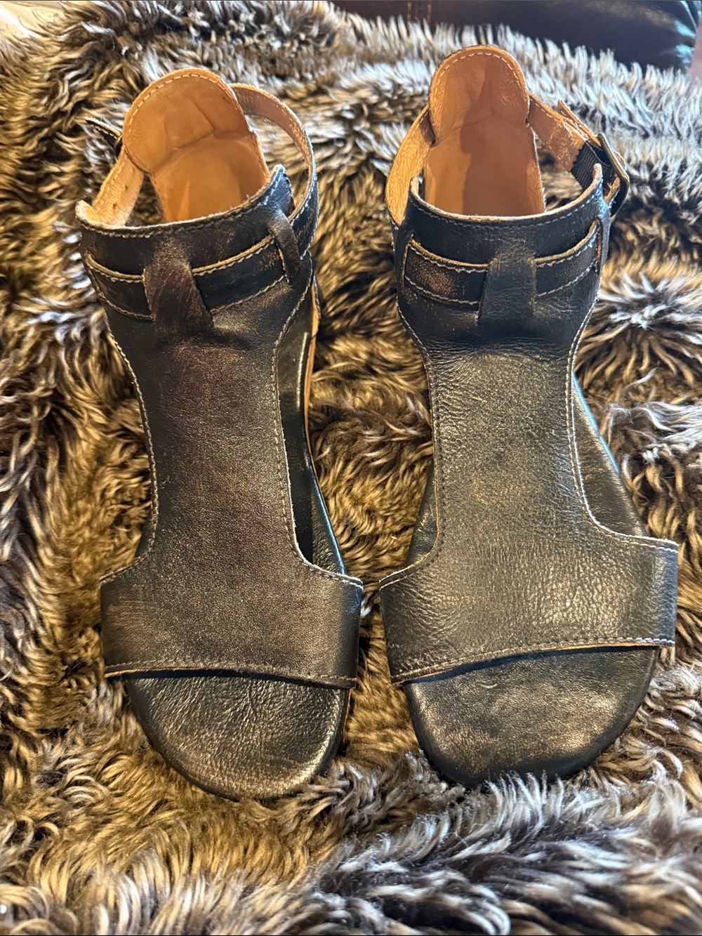 Bed Stu Distressed Black Vegan Leather T-Strap Sandals